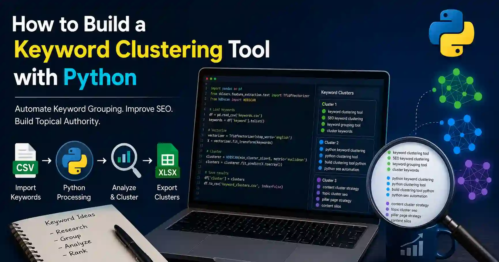 Python-based keyword clustering tool organizing SEO keywords into topic clusters for better content planning and search engine optimization.