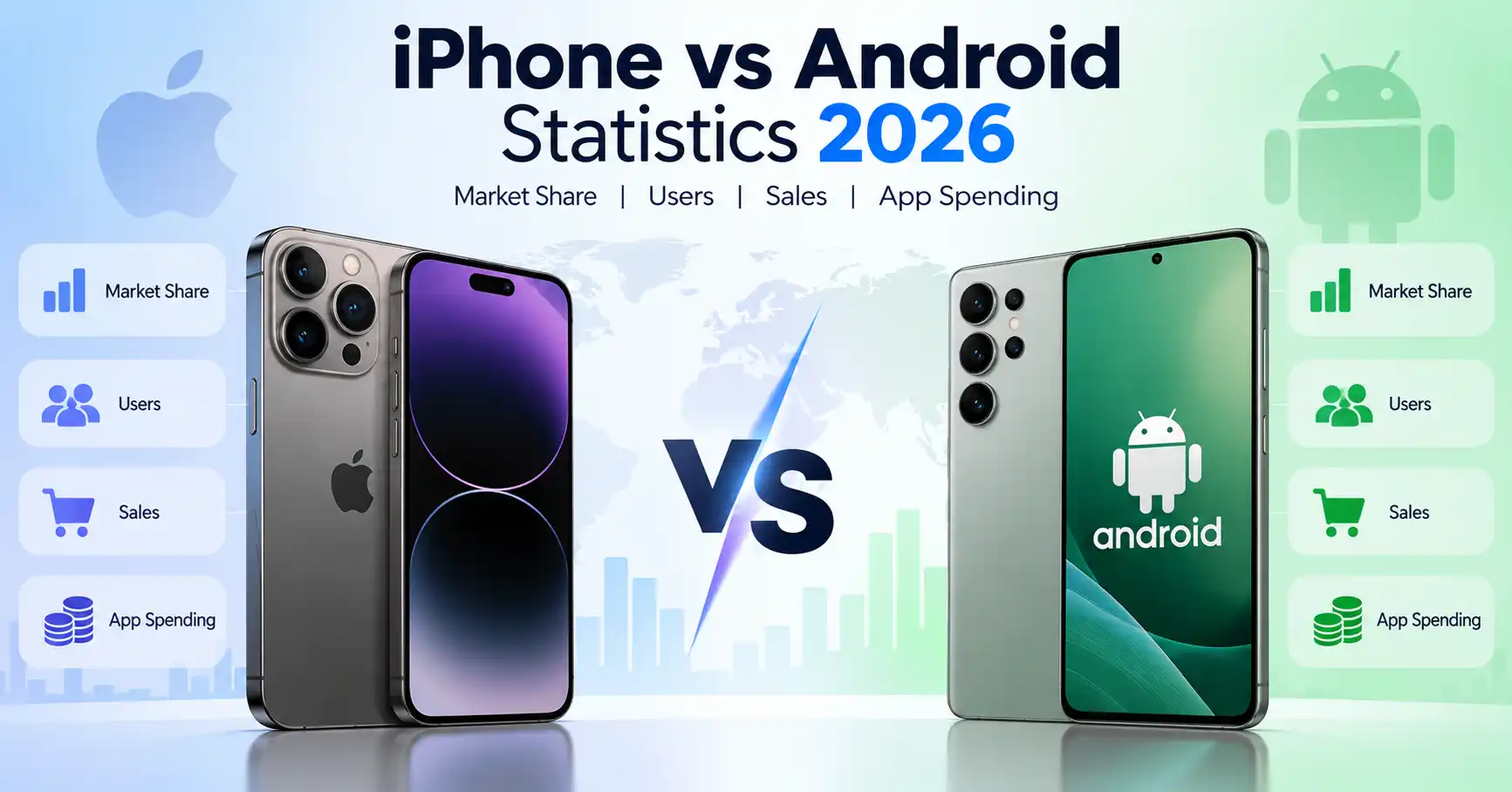 iPhone vs Android statistics 2026 showing smartphone market share and users