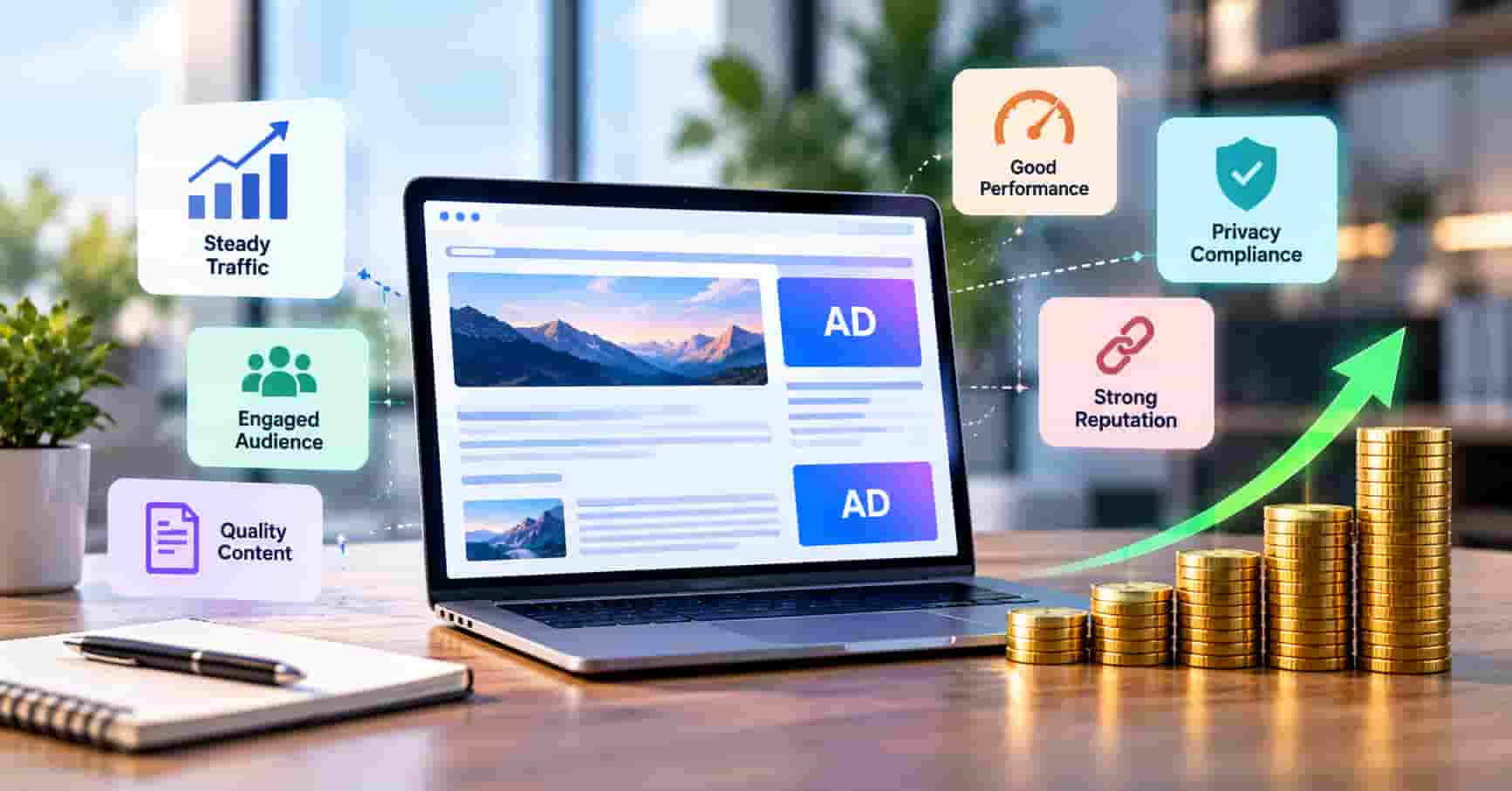 Signs a website is ready to earn advertising revenue through traffic, quality content, and ad placements