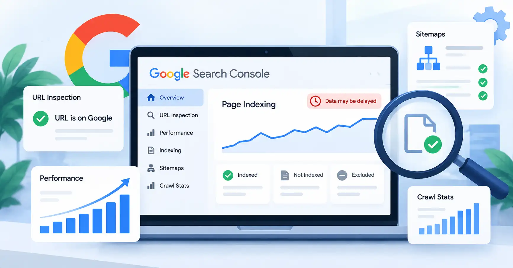 Google Search Console indexing report showing delayed data and SEO monitoring tools.