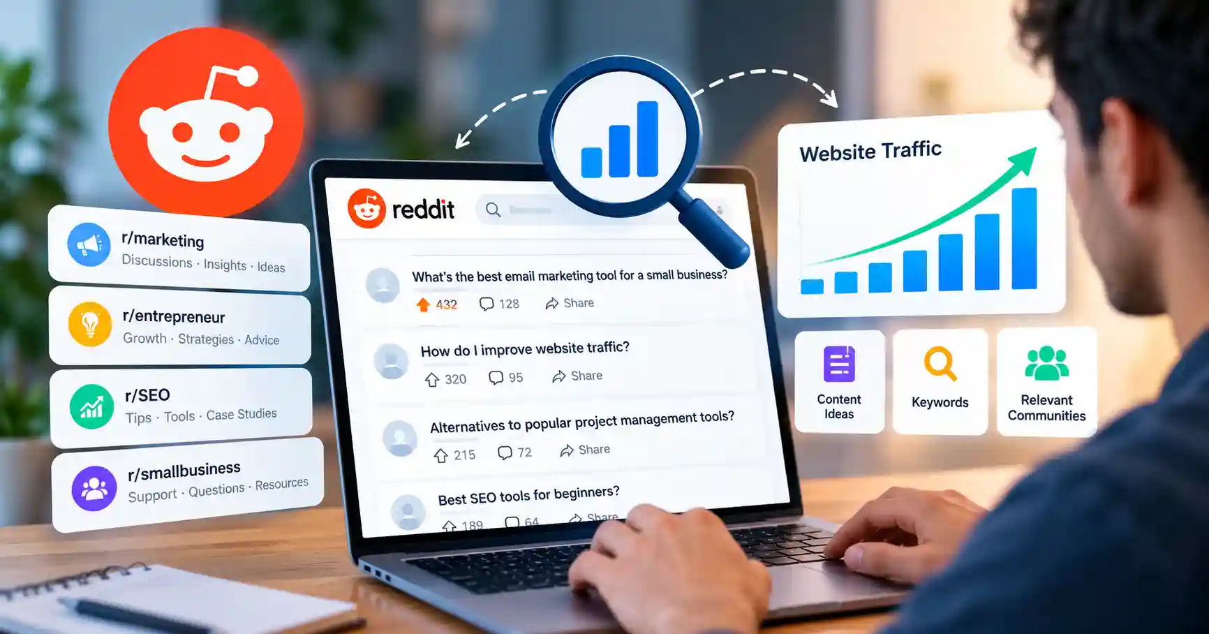 Reddit traffic finder dashboard showing keyword research, community discussions, and website traffic opportunities.