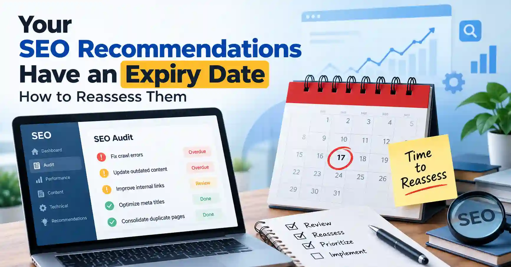 SEO audit dashboard showing outdated recommendations being reviewed and reprioritized.