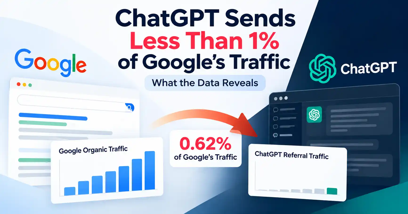 ChatGPT referral traffic compared with Google organic search traffic in a 100-website study.