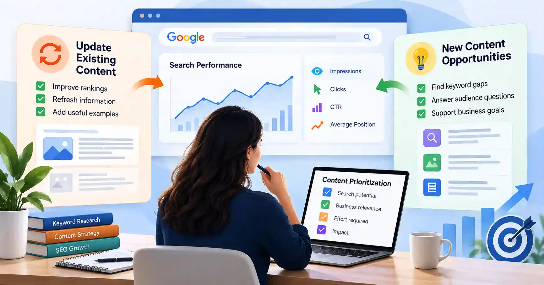SEO content prioritization dashboard comparing existing article updates and new content opportunities.