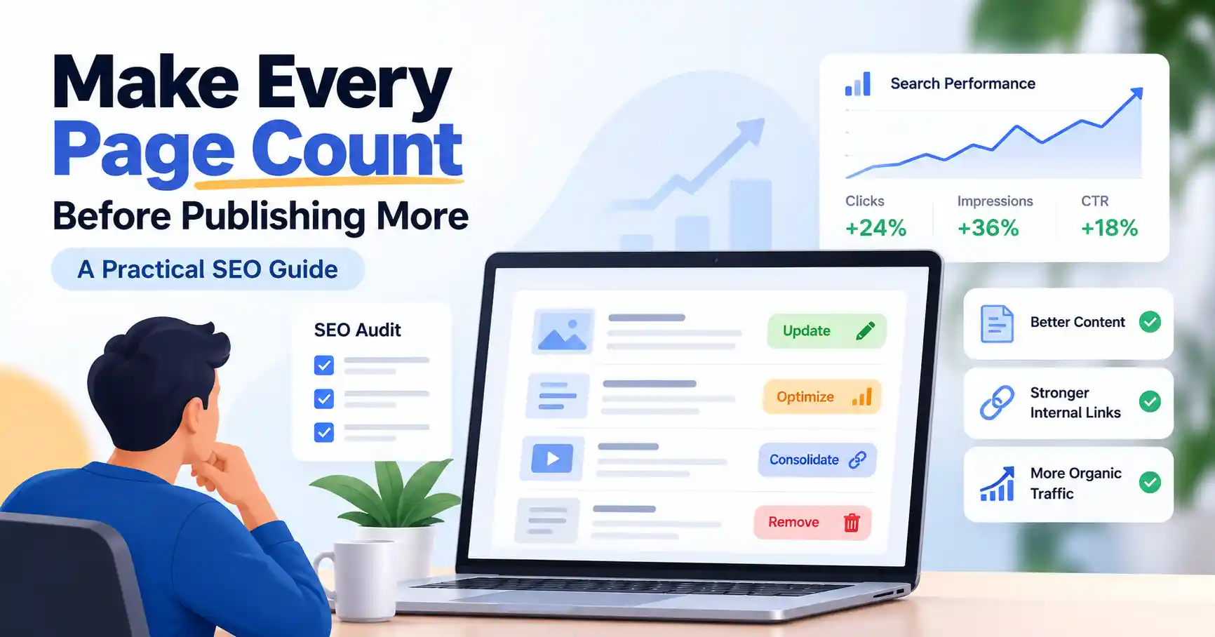 SEO content optimization dashboard showing website page audits and content improvement opportunities.