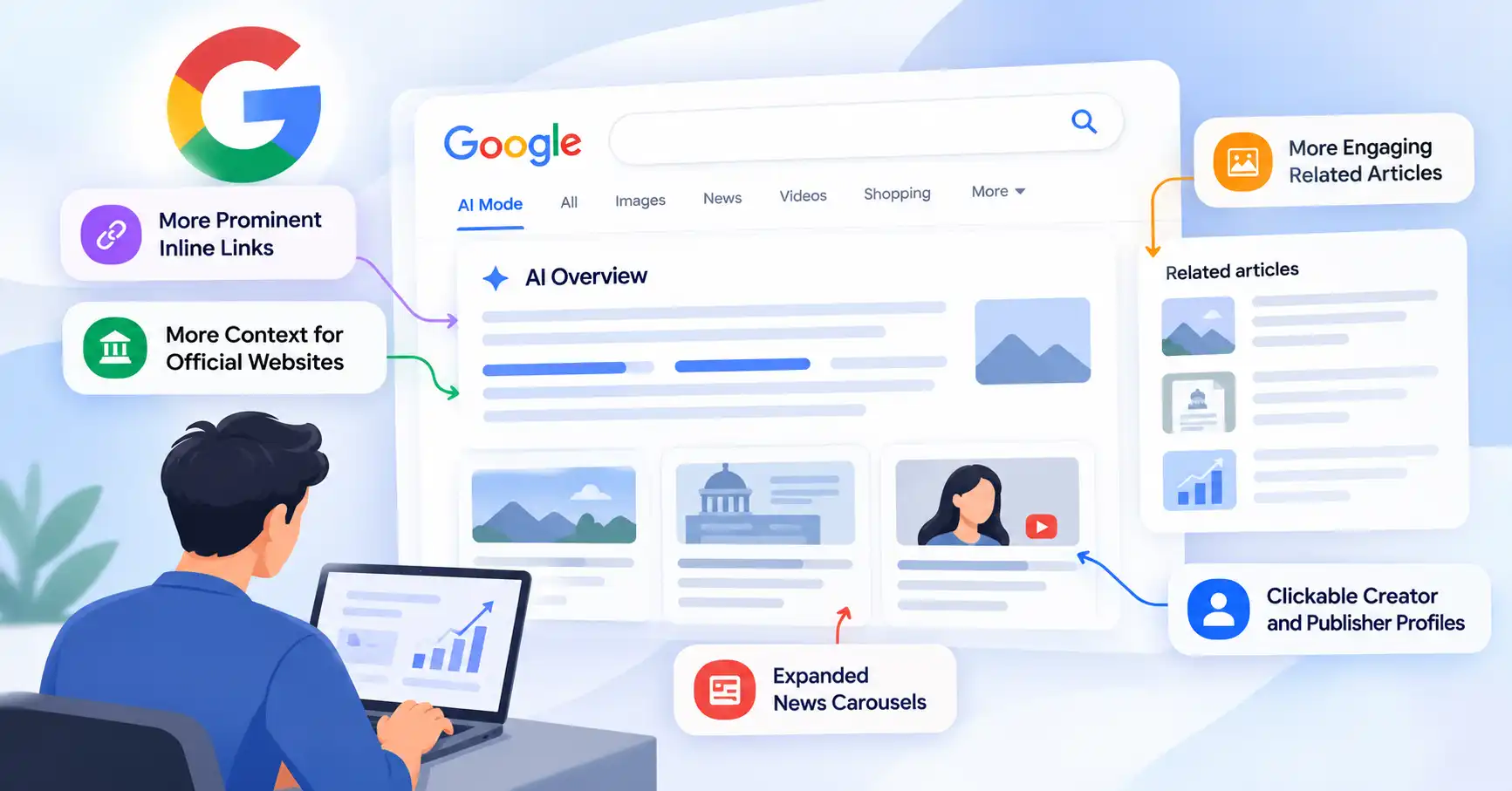 Google AI Mode and AI Overviews updates featuring links, news carousels, and creator profiles