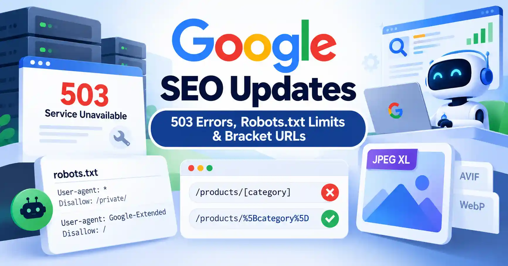 Google SEO updates covering 503 errors, robots.txt limits, and bracket URL handling.