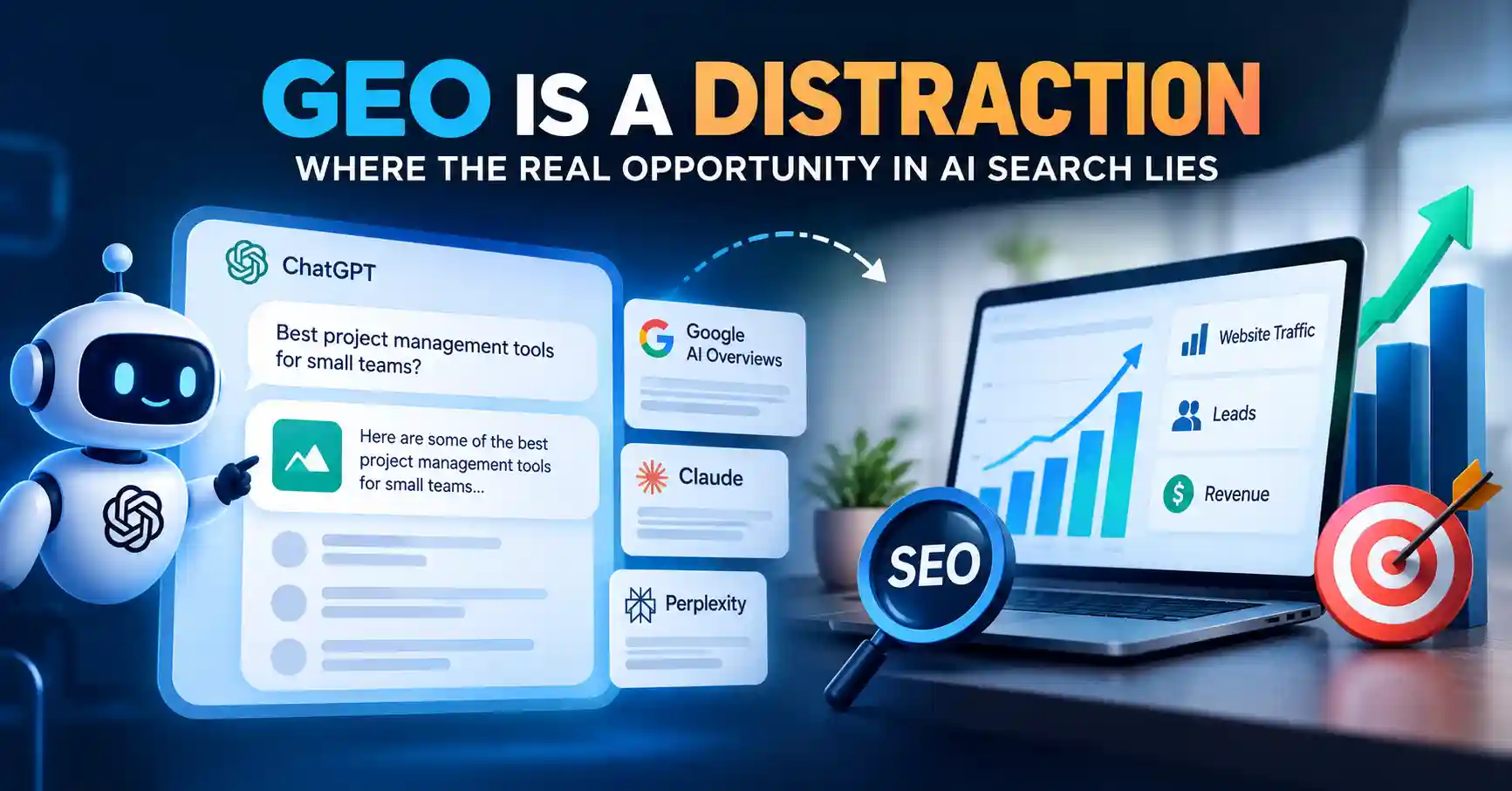 GEO vs SEO illustration showing AI search visibility, organic search, and business conversion metrics.